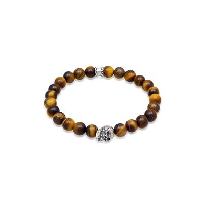 Armkette KUZZOI "Armband Tigerauge Totenkopf Bead Steinarmband 925 Silber" Gr. 230, braun, Armbänder, Herren, 230, Silber 925 (Sterlingsilber), Armkette