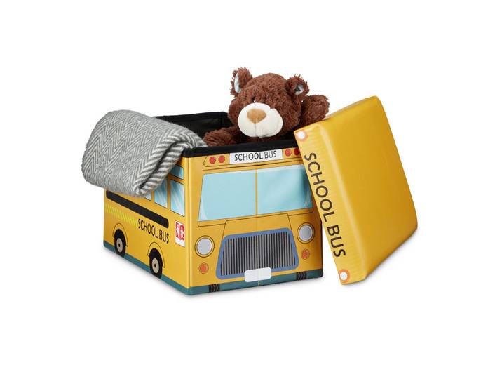 Relaxdays Spielzeugkiste Mehrfarbig Motiv Schulbus 37 L, Gelb, Holzwerkstoff, Kunststoff, Textil, 48x32x32 cm, Wohnzimmer, Sessel, Hocker, Sitzhocker
