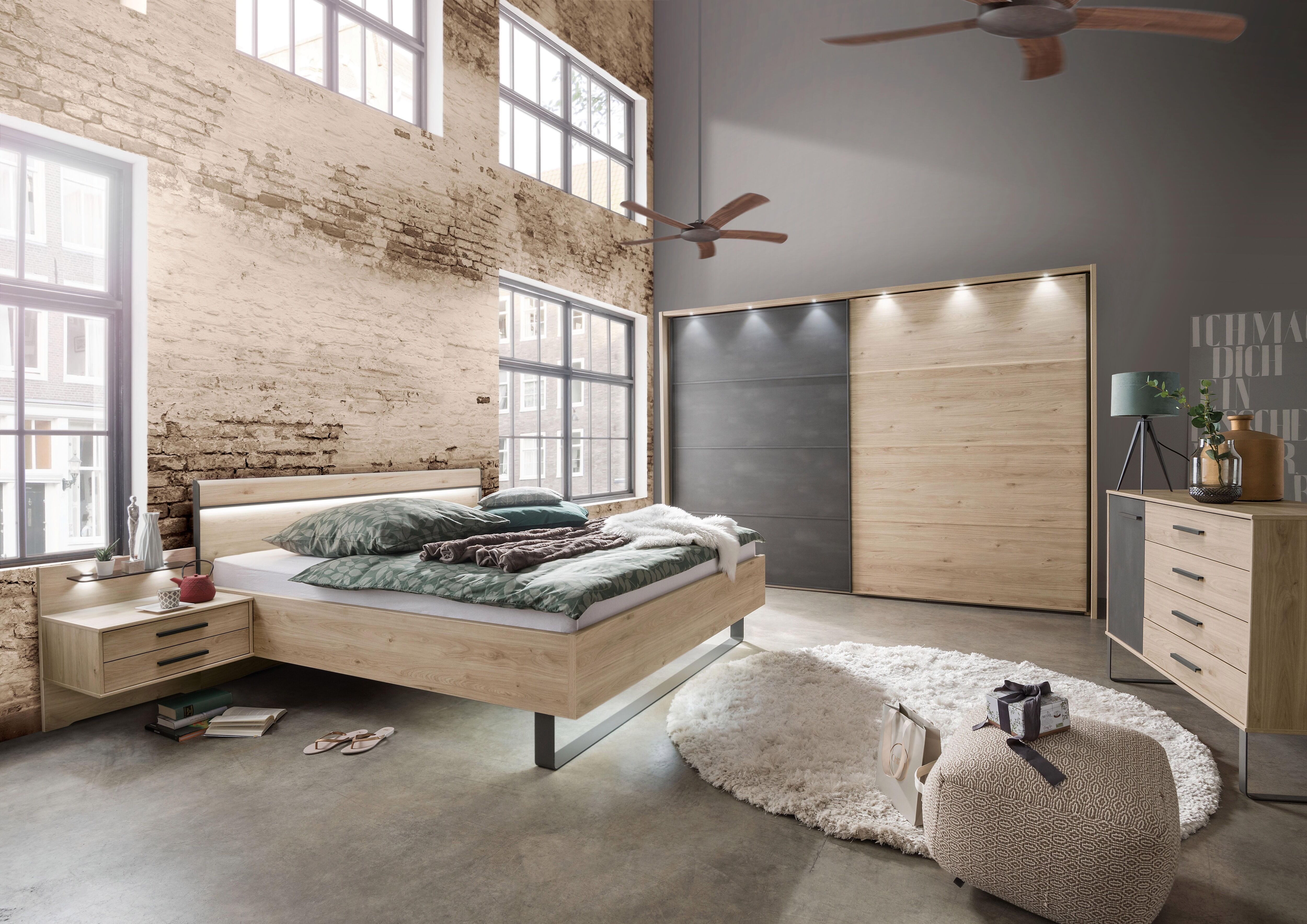 Bett WIEMANN "Brüssel", beige (steineiche nachbildung, schiefer nachbildung), B:189cm L:208cm, Betten, Bett steineiche nachbildung, schiefer nachbildung Liegefläche Länge B: 200cm x 180cm