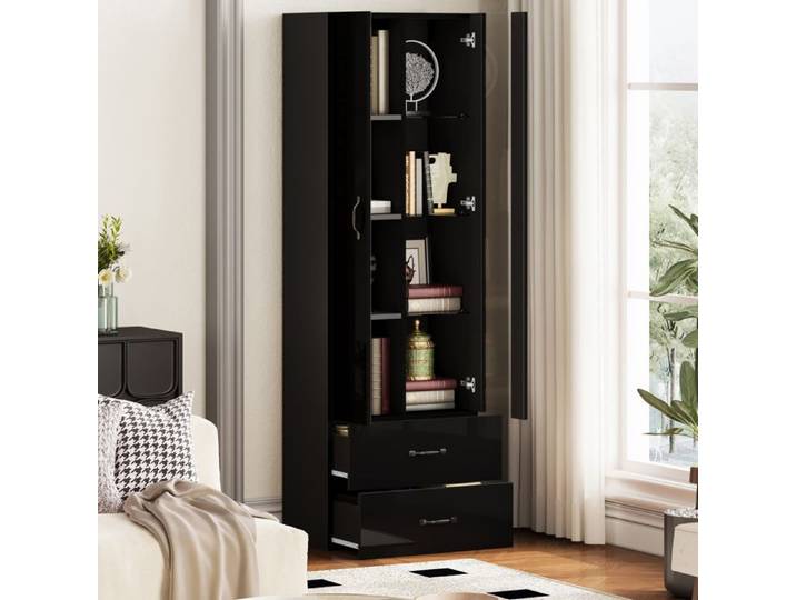 Vitrine Armoire LED 59 5x35x182 cm avec 2 portes 2 tiroirs et étagères meuble de rangement en panneaux noir