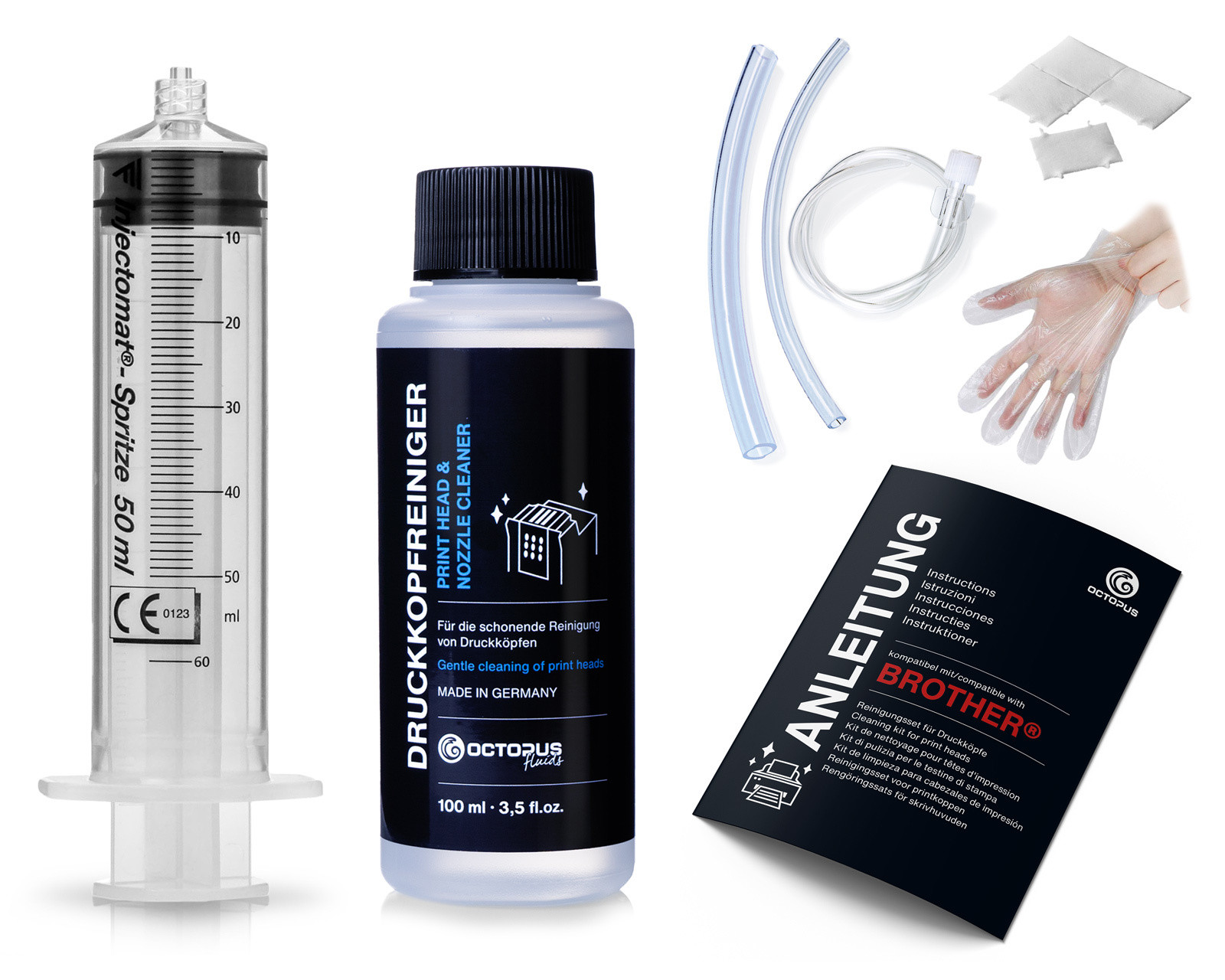 Octopus Reinigingsvloeistof voor printkoppen, 100 ml, geschikt voor Brother-printers, met slangadapter