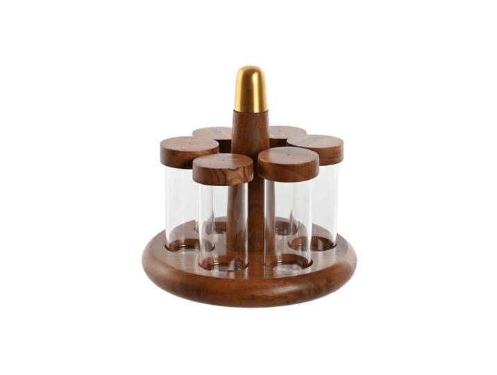 Ensemble de 6 pots à épices et support en acacia marron 20x20x20 cm