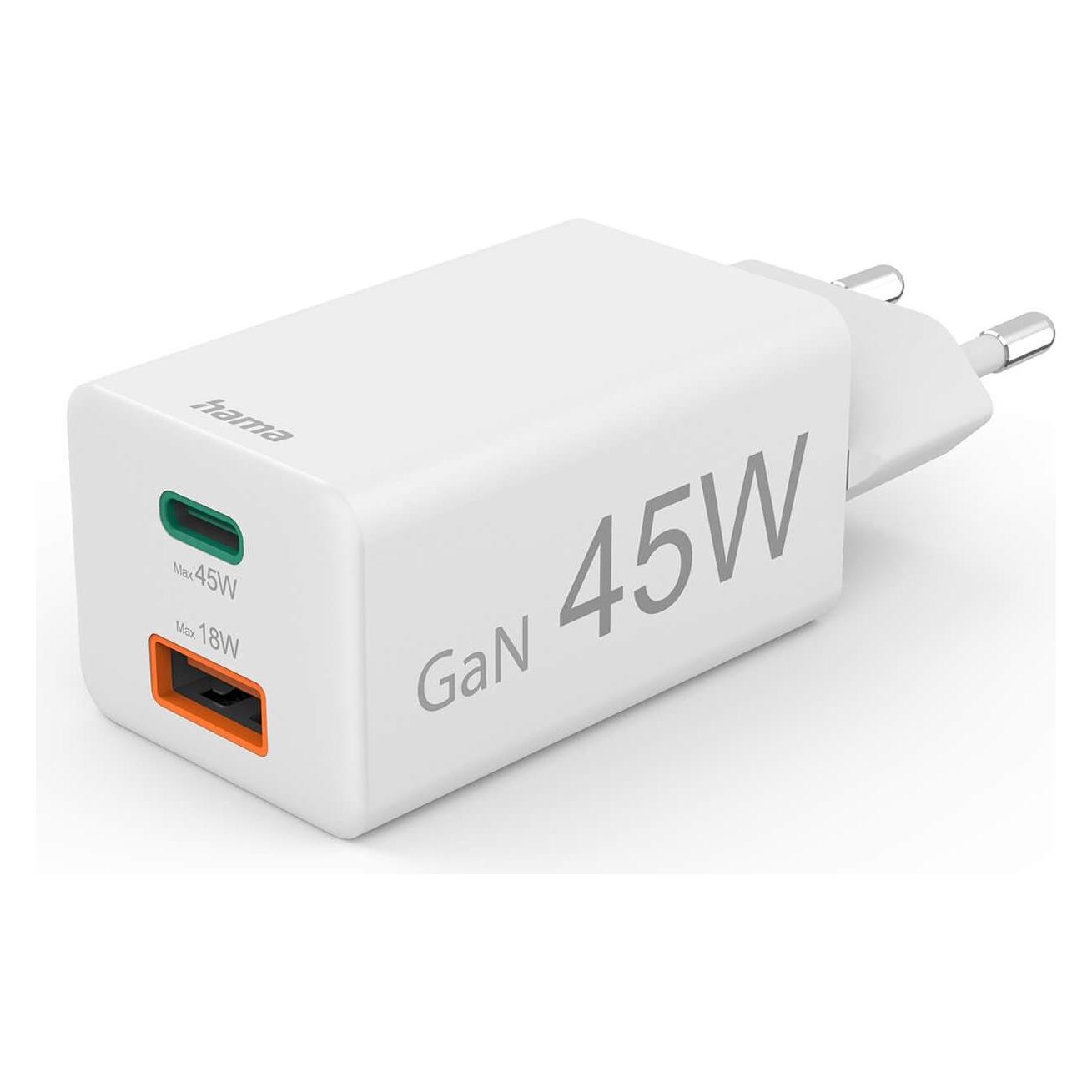 Hama Schnellladegerät, 1x USB-C PD, 1x USB-A QC, Mini-Ladegerät, 45 W, Weiss (45 W, 2 Ports) (00201993)