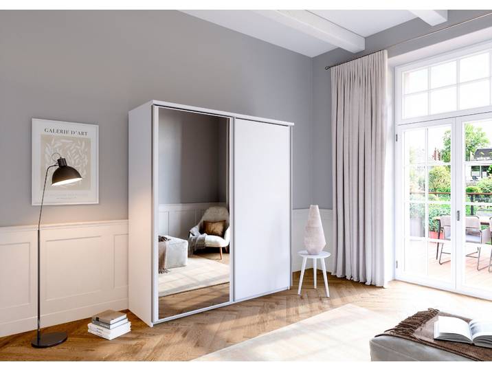 Schwebetürenschrank PRIESS Arnsberg , weiss (lichtweiß), B:187cm H:211cm T:64,5cm, Holzwerkstoff, Schränke, Schwebetürenschrank, mit Spiegel