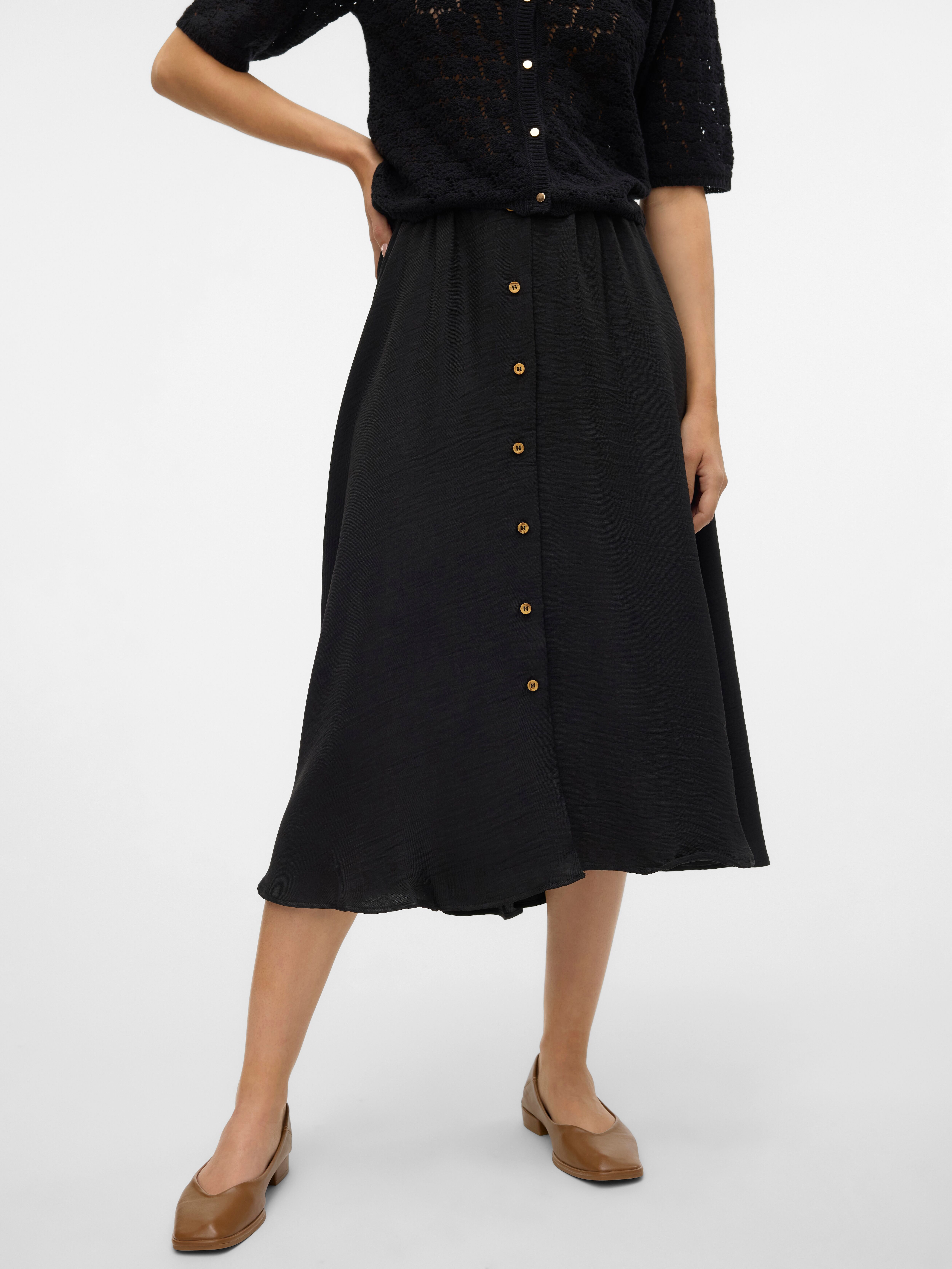 Maxirock VERO MODA "VMMELANEY HW BUTTON CALF SKIRT WVN NOOS", Damen, Gr. L (40), schwarz, Web, Obermaterial: 100% Polyester, unifarben, regular fit knöchellang, Röcke Maxirock schwarz L (40)