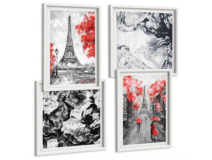 BILDER SET 4er Set - 50x50 cm & 40x60 cm Weißer Rahmen - graue Gemälde des Eiffelturms