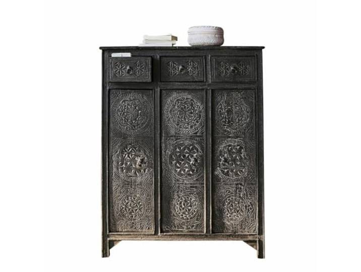 Loberon Kommode Dakota, antikschwarz Highboard, Edles Mangoholz, Handgeschnitzte Ornamente, Jedes Stück ein Unikat