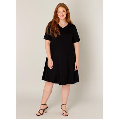 Shirtkleid BASE LEVEL CURVY "Abernathy", Damen, Gr. 46, N-Gr, Kurzarm, Jersey, schwarz, Jersey, Obermaterial: 94% Viskose, 6% Elasthan, unifarben, Basic, figurumspielend, V-Ausschnitt, abnehmbar, Kleider Shirtkleid, Sommerkleid In leicht...