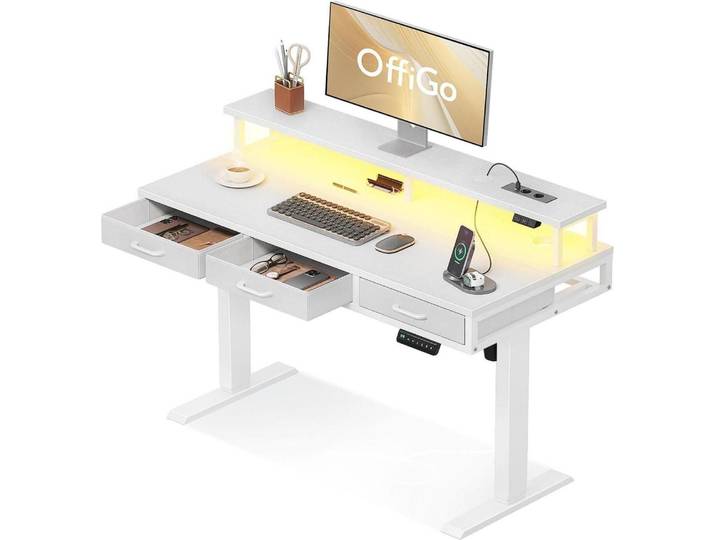 OffiGo Elektrischer Schreibtisch mit Schubladen und Monitorständer, 120cm Höhenverstellbar, Standing Desk mit