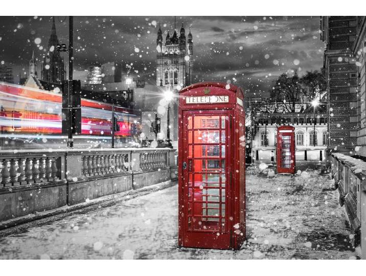Fototapete PAPERMOON Telefonzelle im Schnee Schwarz & Weiss , schwarz (schwarz, weiß), B:4,5m L:2,8m, Vlies, Tapeten, Fototapete