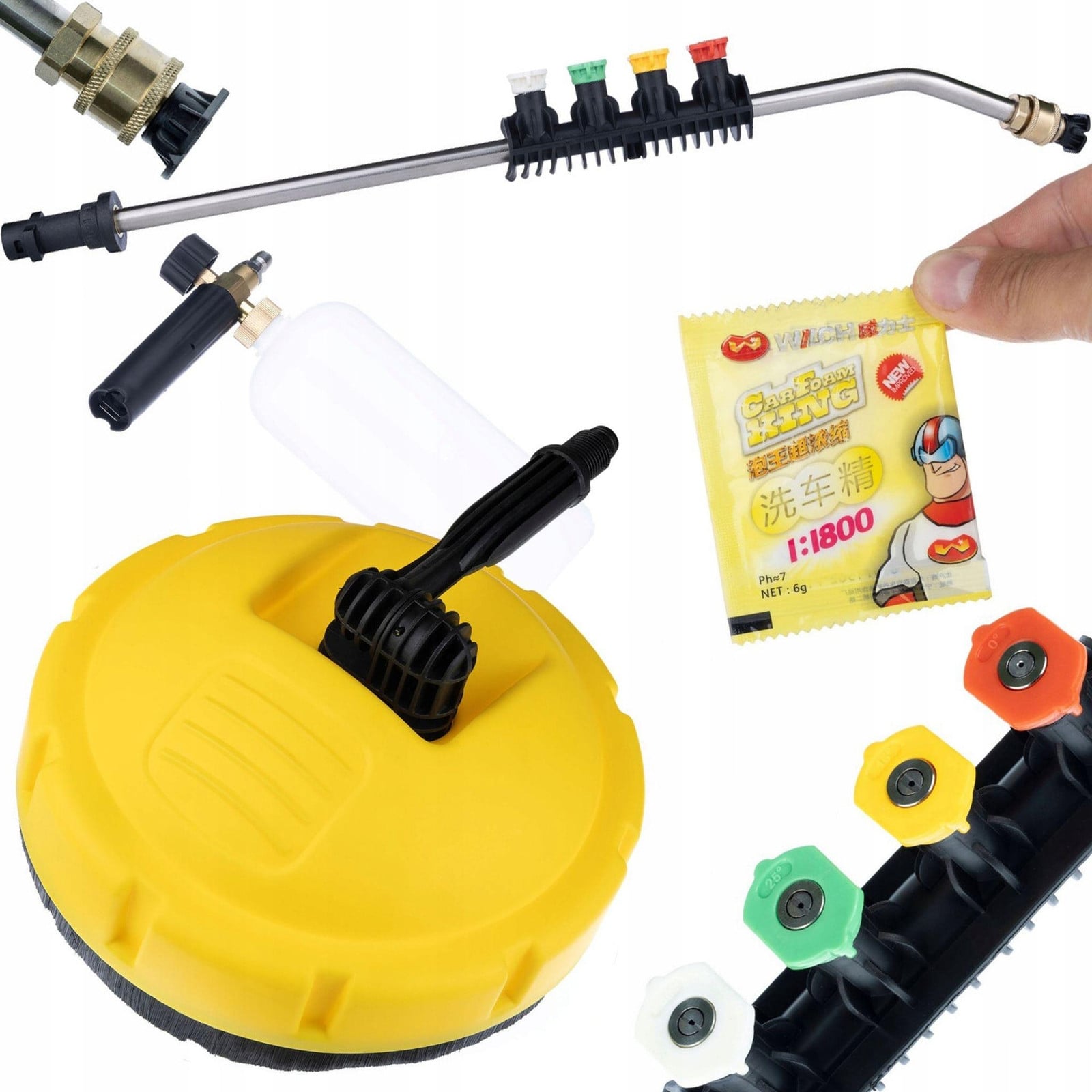ROSFIX Hogedrukreinigerset met T-Racer Borstel, 1/4" 15° Hogedruklans, Schuimpistool 1L en 5 Spuitmonden voor 160 bar