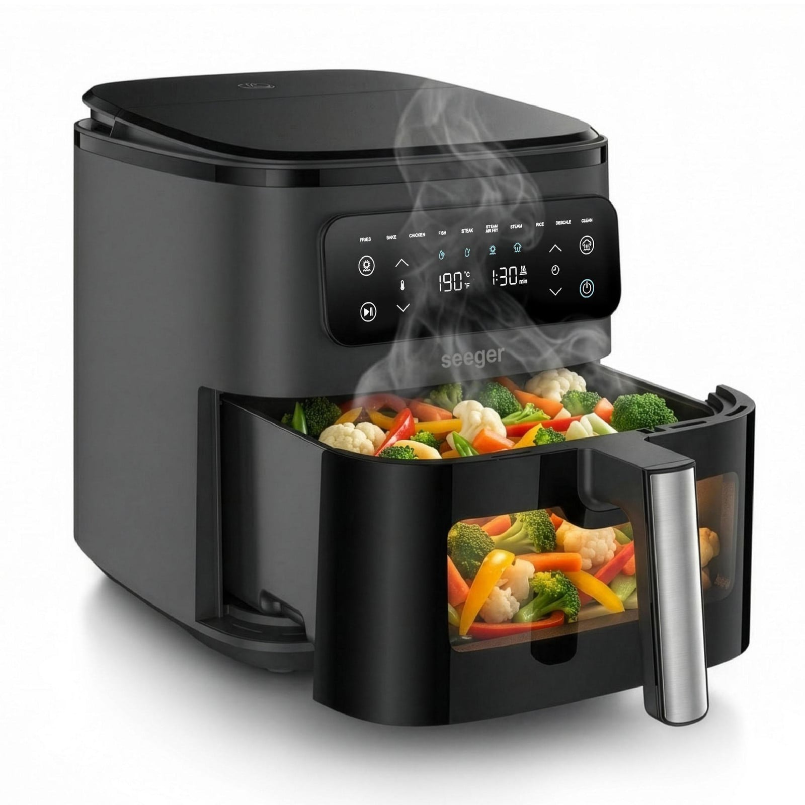Seeger SteamFry heteluchtfriteuse met stoomfunctie en kijkvenster, PFAS-vrij, 8 programma's, 80-200°C