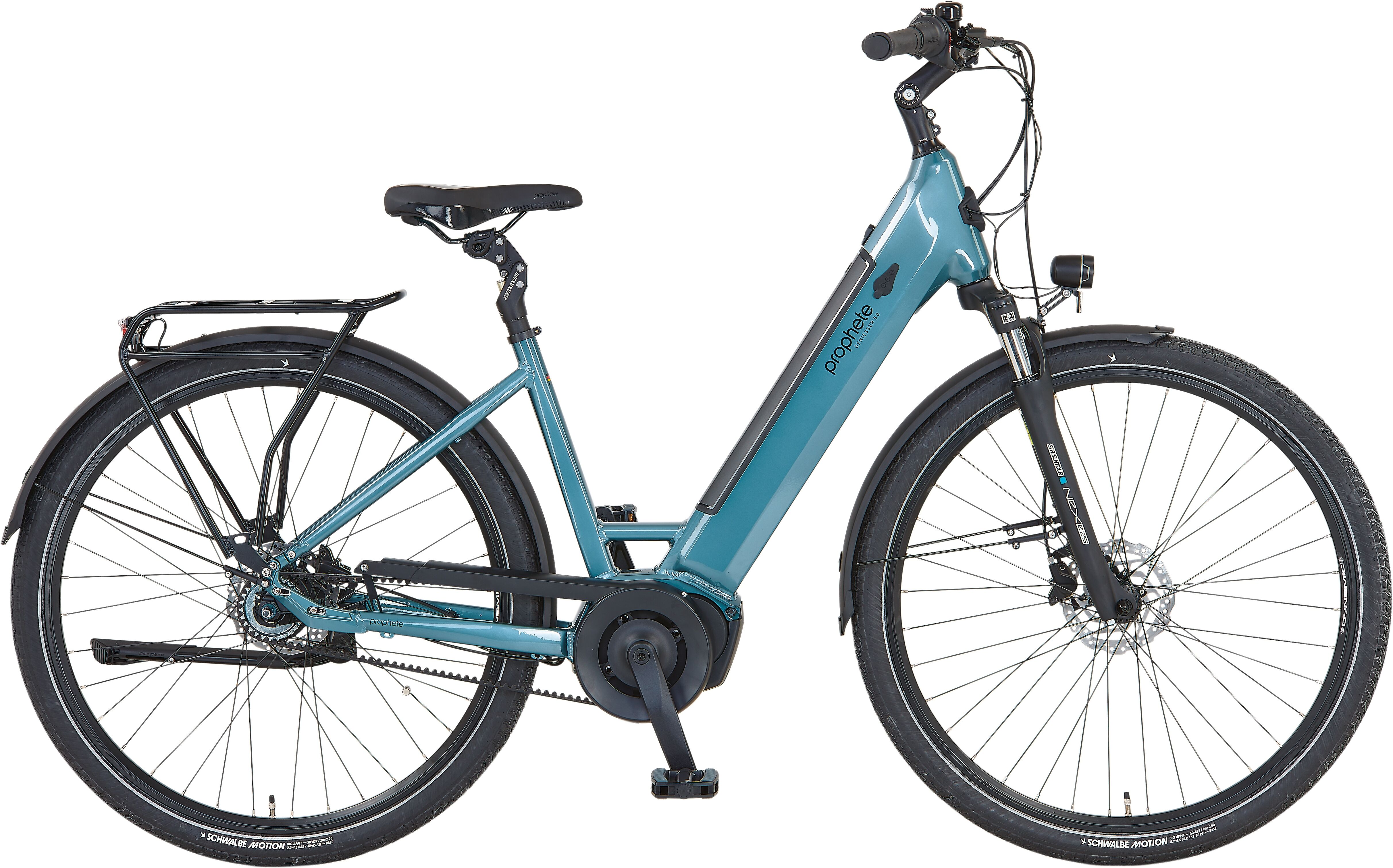 E-Bike PROPHETE "Geniesser 5.0 mit Gates Riemenantrieb" Gr. 46, blau (blau, schwarz), Elektrofahrräder, 46cm, 28 Zoll (71,12cm), E-Bike, Suntour Parallelogramm Federsattelstütze