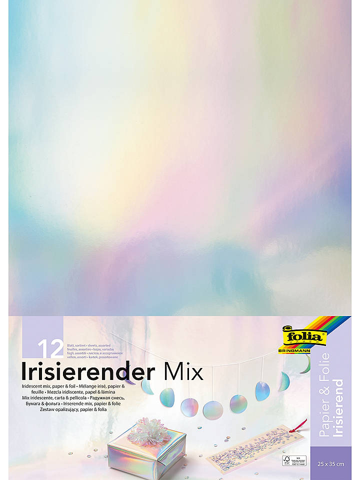 folia PAPER Materialmix "Irisierend" in Silber/ Bunt - 12 Blatt - (L)35 x (B)25 cm - onesize