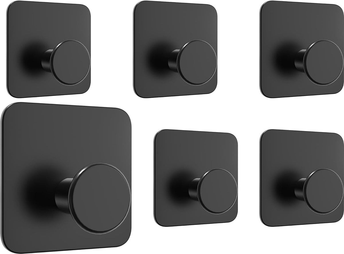4smile Set van 6 Zelfklevende Handdoekhaken, Zwart, Roestvrijstaal, Waterbestendig