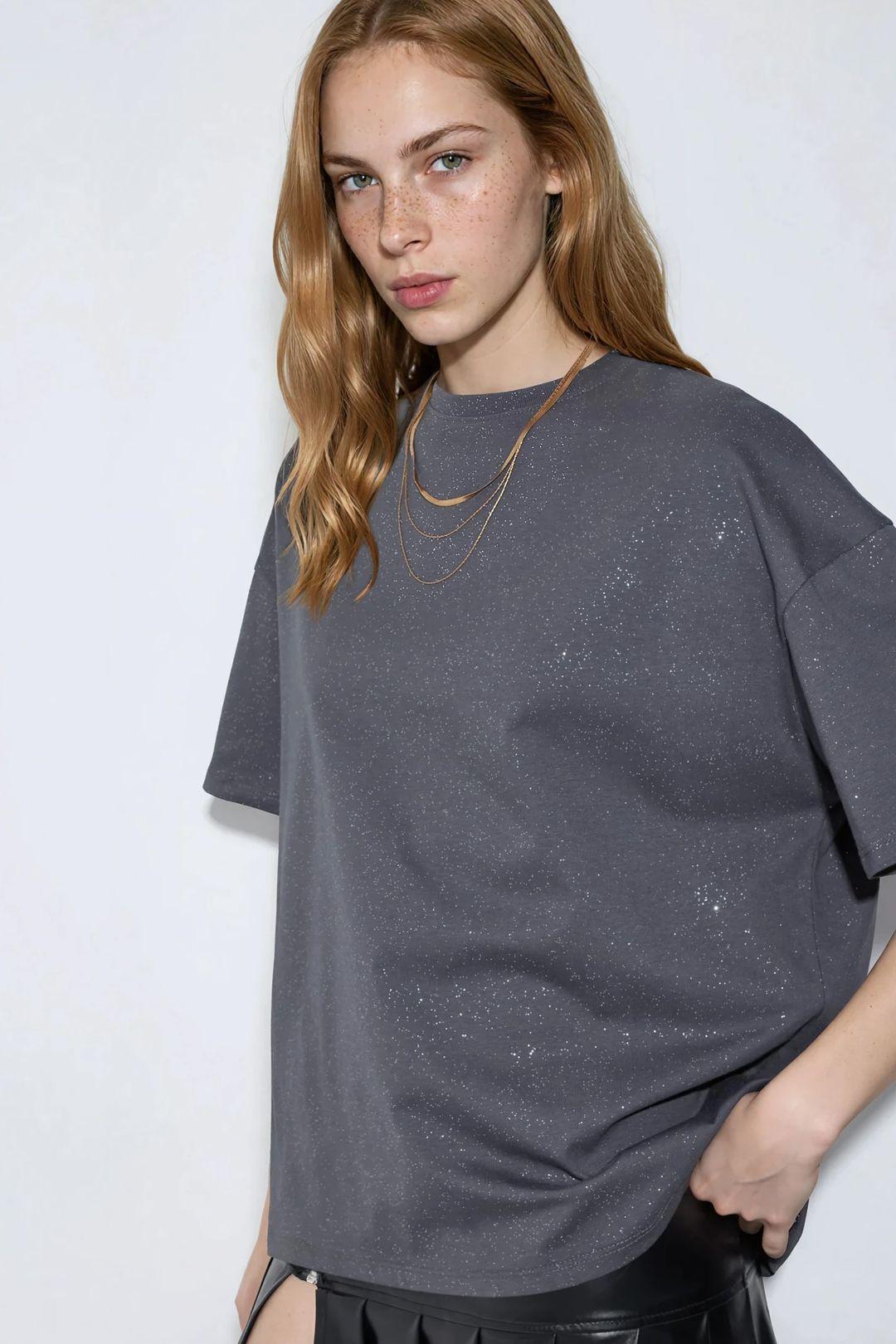 Pailletten Rundhalsausschnitt Kurzarm T-Shirt