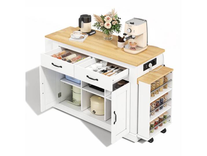 Oxeza Kücheninsel 133.5/60/93 cm Weiß mit 2 Schubladen, 2 ausziehbaren Arbeitsflächen und 2xUSB-Anschlüsse, Holz, Mode, Küche mit Insel,Rechteckig, 142x93x55 cm, Küchen, Küchenmöbel, Kücheninseln