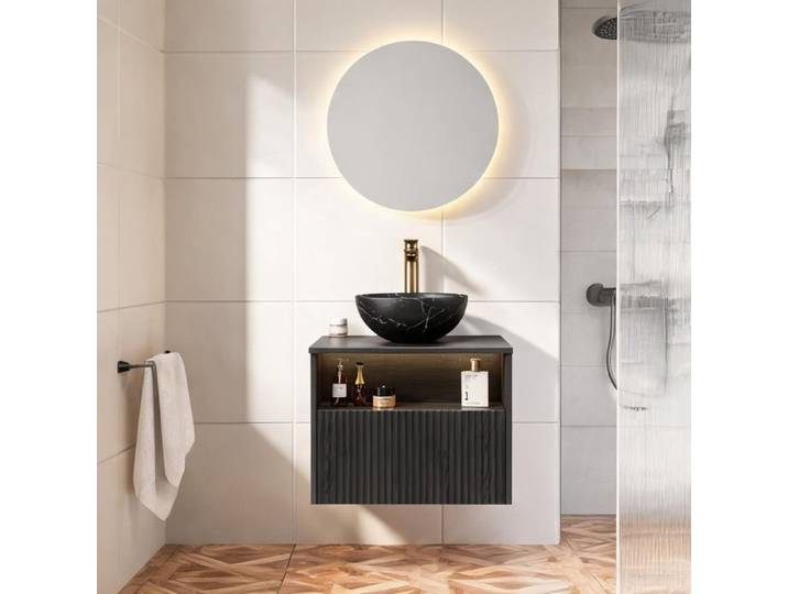 Vasque suspendue 60 cm avec meuble effet pierre noire et éclairage LED sensoriel