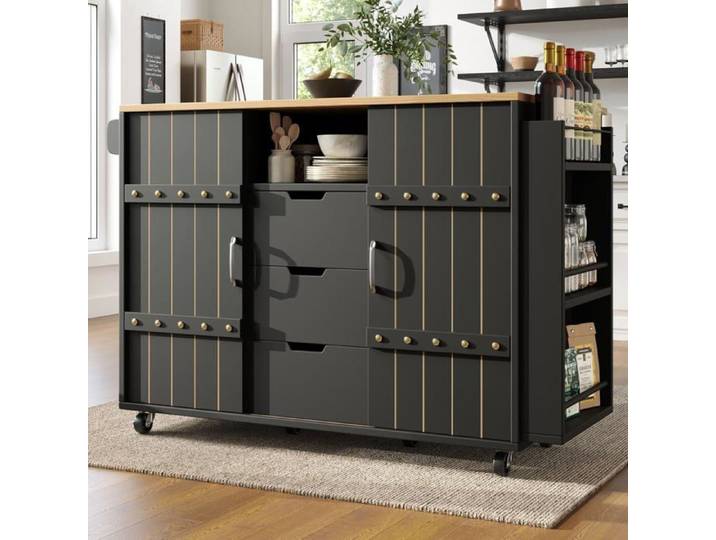 Armoire de cuisine Chariot de cuisine avec roulettes et comptoir chariot de cuisine avec étagère à épices et porte-serviettes Noir