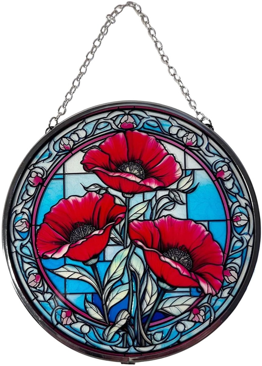 Dailygoods Suncatcher met klaproos ontwerp - Handgemaakt gebrandschilderd glas - Kleurrijke raamdecoratie