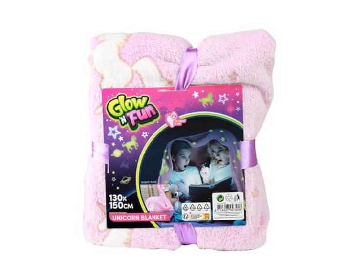 Jouetprive-Glow N Fun Glow in The Dark Deken Eenhoorn, 130 x 150 cm 35563A