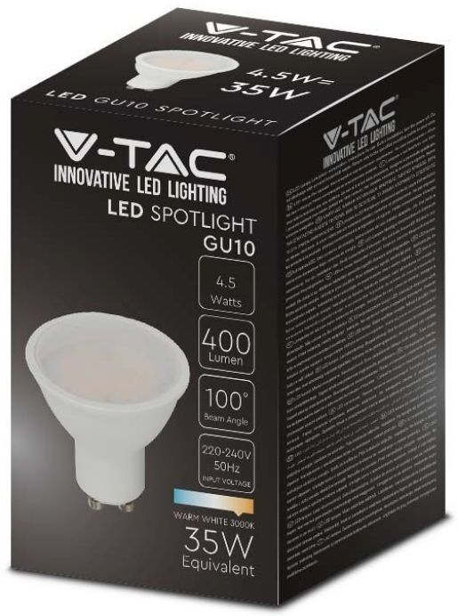 V-Tac Vt-1975 Lampadina Spot Led 4.5w Faretto Gu10 Satinato Luce Bianco Freddo 6400k - 211687