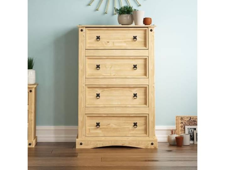 Vida Designs Corona Kommode mit 4 Schubladen, Solides Wohnzimmer Kleiderschrank Ablagefläche Freistehend Ringgriffe Natürlich Pinie