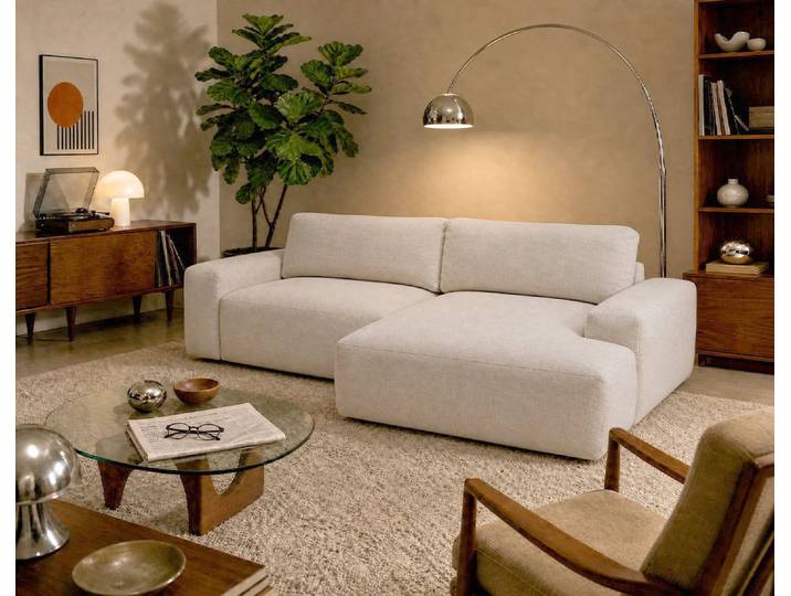 Tama - Canapé D'Angle Droit 4 Places Convertible Avec Coffre En Tissu - Beige