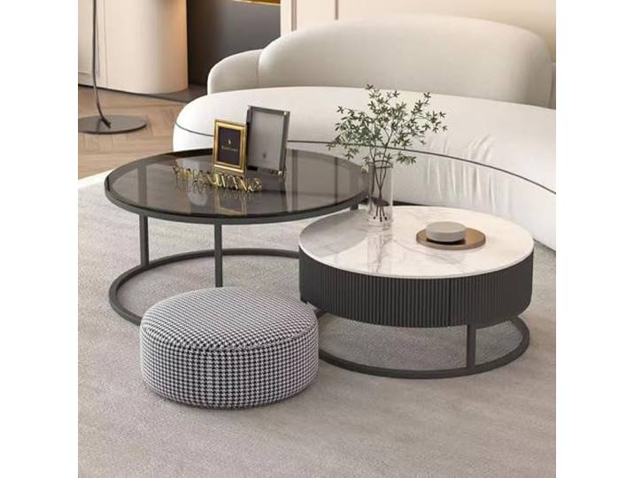 GQMYCDM Stapelbare Couchtisch, Wohnzimmertisch, 2er-Set mit Hocker, Runder Couchtisch mit Aufbewahrungsschublade, Couchtisch Modern für Wohnzimmer, Wohnung, Büro (Color : Negro, Size : 31in/80cm)