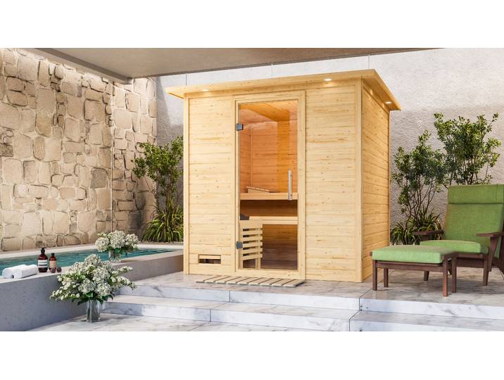 Sauna KARIBU Menja , beige (naturbelassen), ohne Ofen, (ohne Ofen), Saunen, Sauna, ohne Ofen