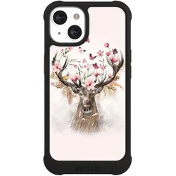 Nivocase Hülle für Apple iPhone 13 Stossfeste Handyhülle NIVOmax Case Schwarz Blumen Hirsch Tiere (Apple iPhone 13), Smartphone Hülle, Schwarz