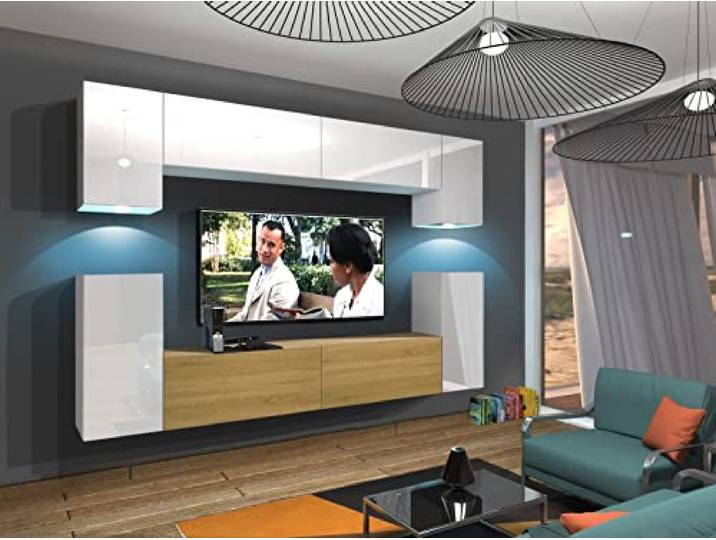 Furnitech Wohnwand Wohnzimmer Wohnzimmer Möbel mit LED Blau Hängend Wohnwand Modern Wohnzimmer Schrankwand mit Regale und TV Schrank (Rodos AN43-17WD-HGM50 1B)