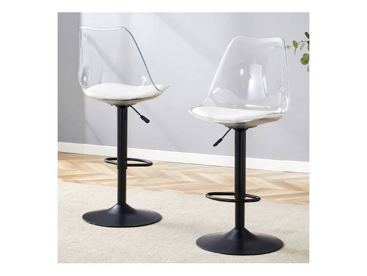Fine Life Pro Barhocker 2 Barhocker verstellbar, transparente Rückenlehne, PU, schwarze Beine, 360° drehbar, für Küchen und Bistros
