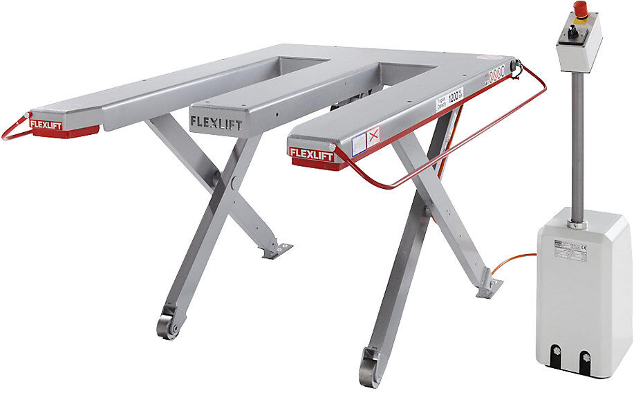 Flachform-Hubtisch, Baureihe E, Tragfähigkeit 1200 kg, LxB 1300 x 910 mm, 400 V Drehstrom Flexlift