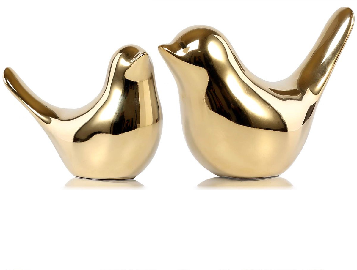 Gouden Vogeltjes Decoratie Set - 2 Delige Keramische Vogel Beeldjes - Goud