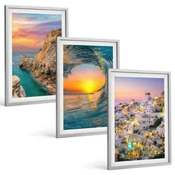 BILDER SET 3er Set - 40x60 cm Silberner Rahmen - Meereswellen, weiße Häuser, Santorini