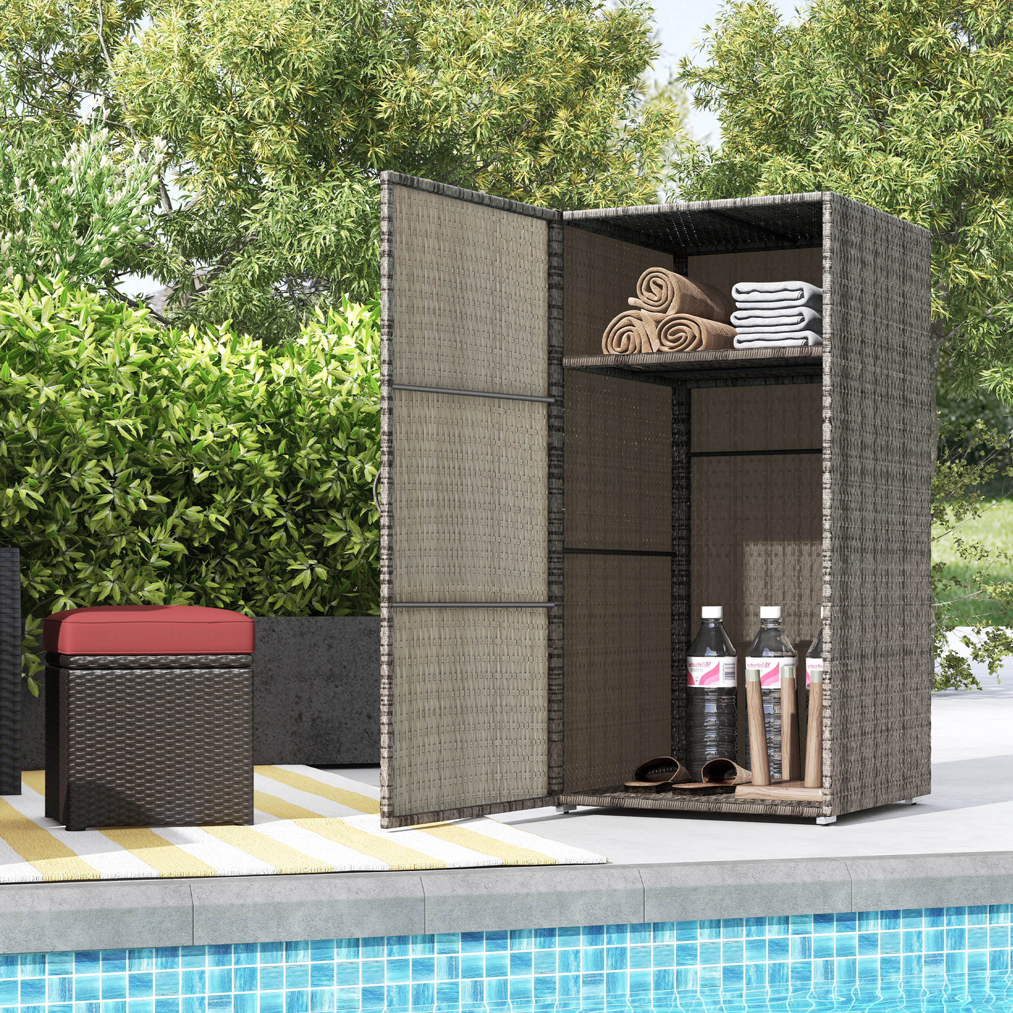 Outsunny Armadio da Giardino in Rattan PE con 2 Vani, 60x63x120cm, Grigio Aosom