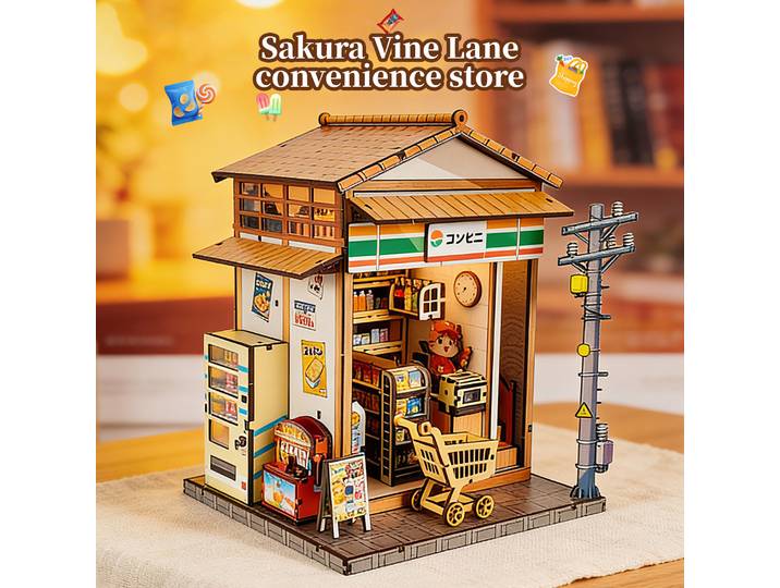 Puzzle 3D en bois pour adultes, modèle Sakura & Wisteria Alley Mart, kit de maison miniature avec lumières, maison de poupée DIY, cadeau d'anniversaire