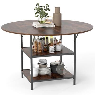 Costway 47 Inch Round Dining Table for 4-6 People Large Kitchen Table with 2-Tier Storage Shelves-Rustic Brown