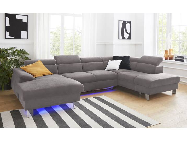 Wohnlandschaft, Microfaser PRIMABELLE, Grau, 320 cm, Mit Kopfteilverstellung, RGB-LED-Beleuchtung, Cotta