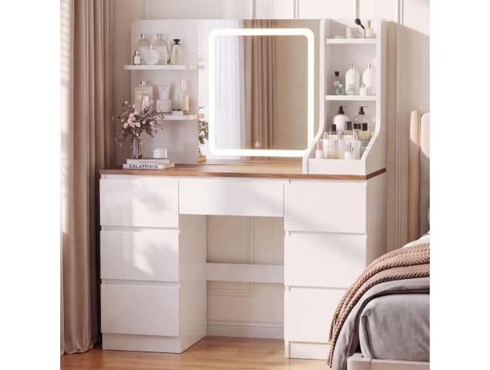 JUMMICO Schminktisch mit LED-Spiegel & Helligkeitsregelung, Großer Make-up-Tisch mit 4 offenen Fächern & 7 Schubladen, Modernes Möbelstück mit viel Stauraum (braun, Holz)
