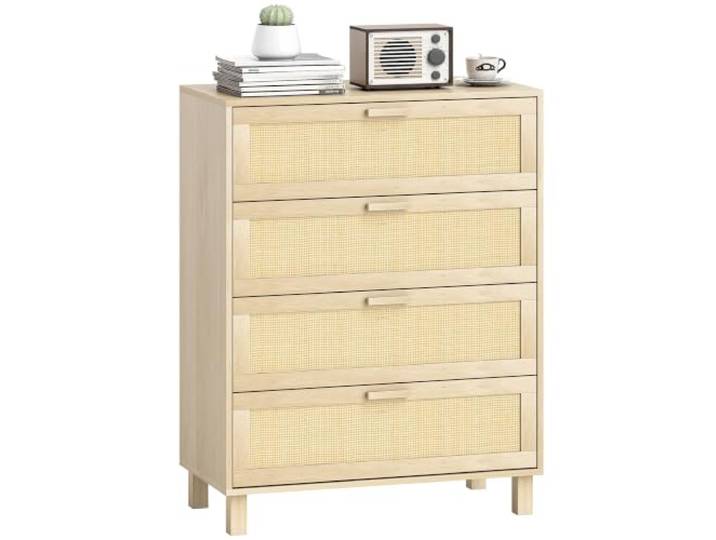 HOMCOM 4-Schubladen-Kommode Mit Rattanrohr 80x40x103 cm Helles Holz MDF