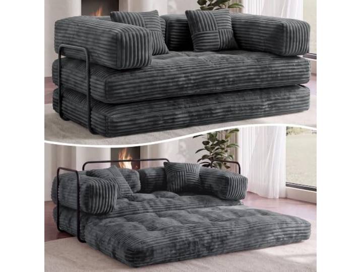 Dyonery Schlafsofa 160cm Breit,5-in-1 Modulares Boneless Couch Grau 2-Sitzer Bodensofa mit Schlaffunktion,Umwandelbares Cordstoff Schlafcouch,Modulares Couch für Wohnzimmer, Büro,Gästezimmer