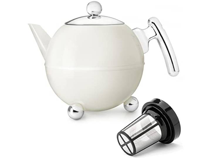 Bredemeijer Bella Ronde Edelstahl-Teekannen-Set 1,2L - Große doppelwandige Edelstahlkanne in Kugelform mit Füßen, Creme-Weiß - Mit Tee-Filter Sieb-Aufsatz für losen & Blätter-Tee