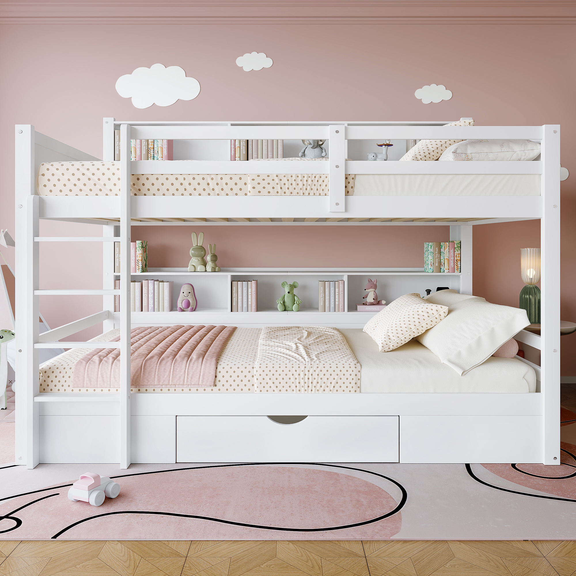 okwish Kinderbett 90x200cm, Einzelbett mit Schublade und Aufbewahrungsfunktion, praktisches Etagenbett für Familie, Ohne Matratze weiß