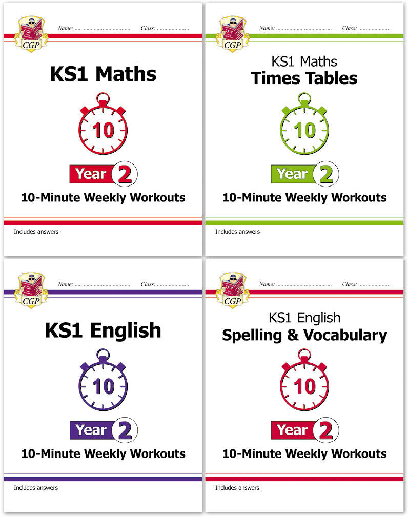 CGP Books CGP KS1 Year 2 10-Minute Weekly Workout Bundle – Ages 6-7 (Maths, English, Times Tables, Spelling and Vocabulary)