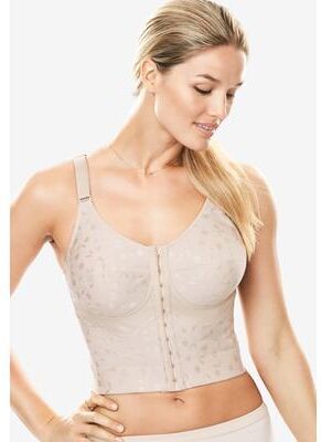 Plus Size Women's Jacquard Front-Close Wireless Longline Posture Bra by Elila in Nude (Size 44 DD/E)