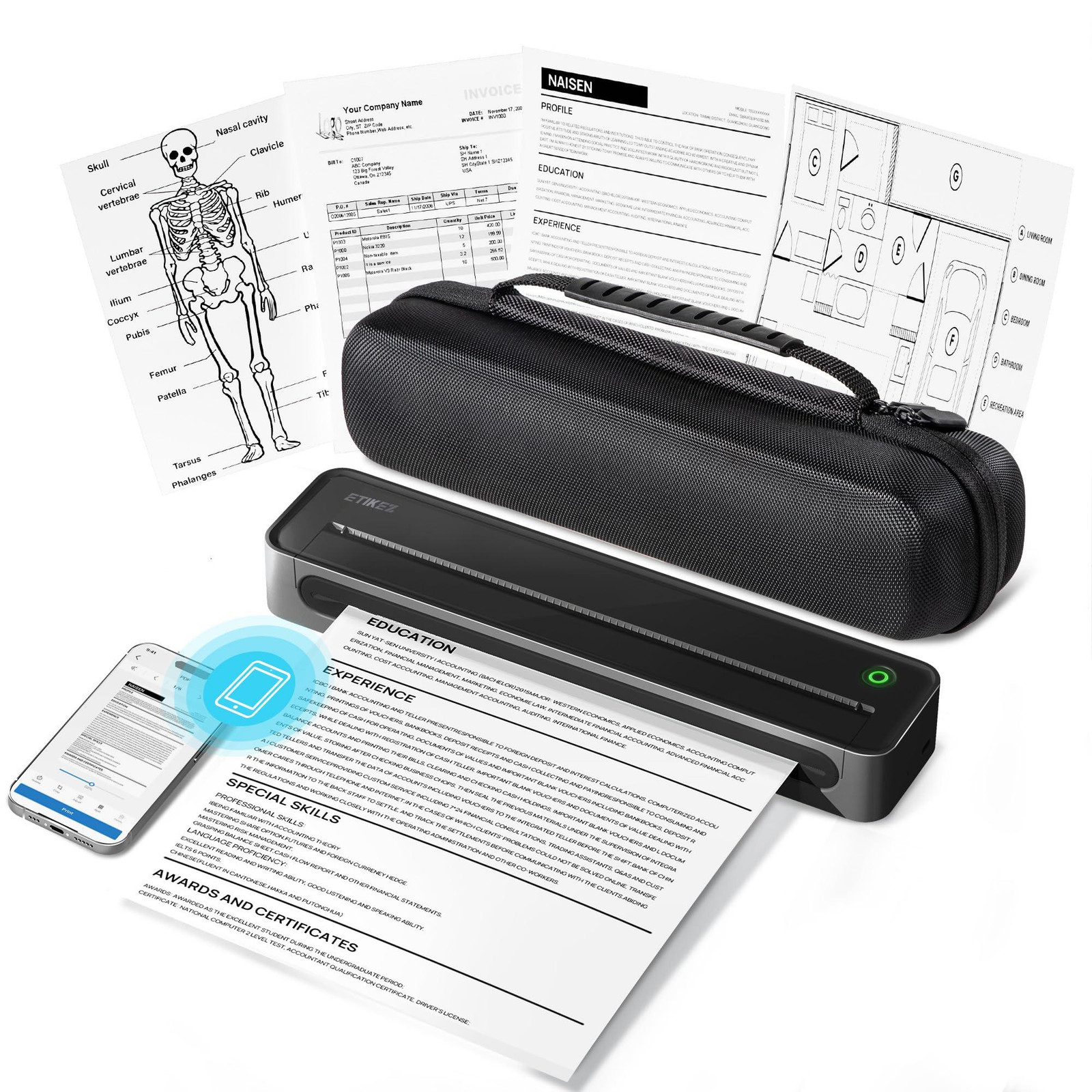 Selius D90E A4 Mobiele thermische printer met hoes, zwart