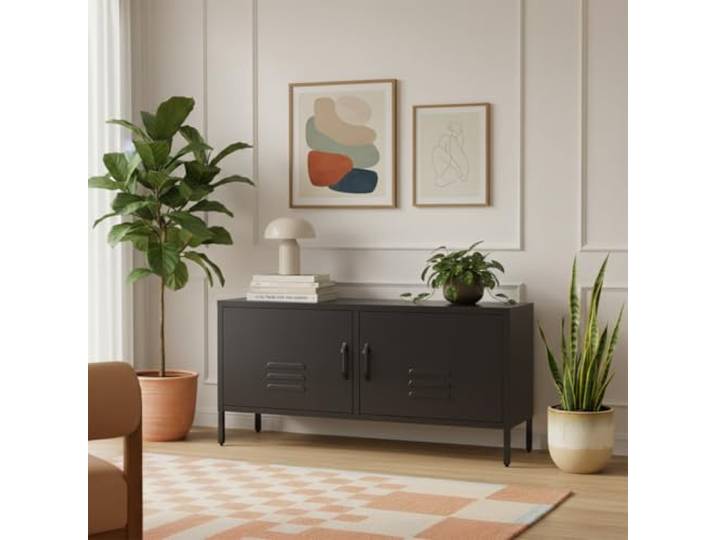 skølm Atria Lowboard 105x38x55 cm, Schwarz, aus Metall, TV Schrank stabil Fernsehtisch mit 4 verstellbaren Fächern, TV Board, Sideboard/Fernsehschrank/Wohnzimmerschrank/Metallschrank für Wohnzimmer