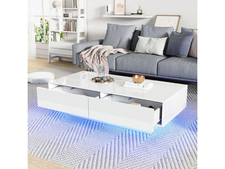 Table basse - SOGEU - 115x55x34 cm - Blanc brillant - 2 tiroirs - Éclairage LED